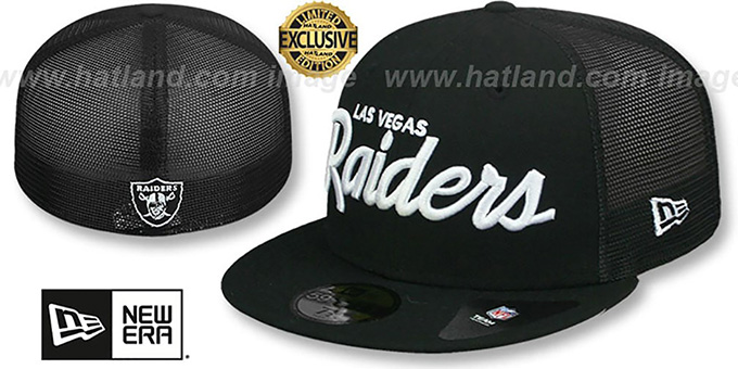 Raiders 'NFL TEAM-SCRIPT TRUCKER' Black-Black Fitted Hat by New Era