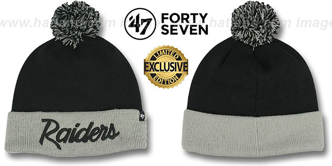 Raiders 'TEAM-SCRIPT POM' Black-Grey Knit Beanie Hat by Twins 47 Brand