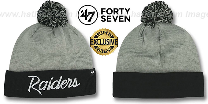 Raiders 'TEAM-SCRIPT POM' Grey-Black Knit Beanie Hat by Twins 47 Brand