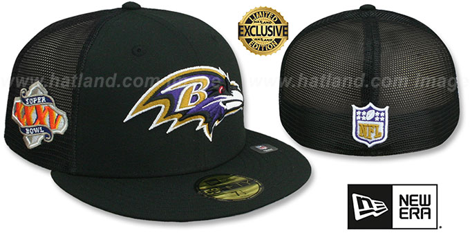 Ravens SB XXXV 'MESH-BACK SIDE-PATCH' Black-Black Fitted Hat by New Era