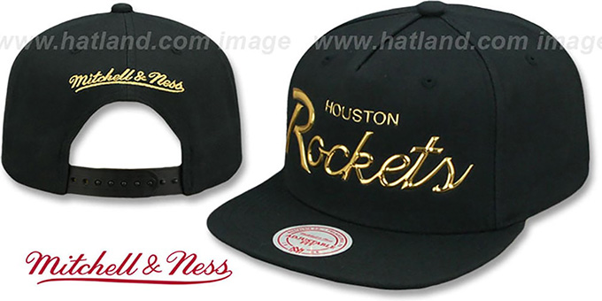 Rockets 'LIQUID METALLIC SCRIPT SNAPBACK' Black-Gold Hat by Mitchell and Ness