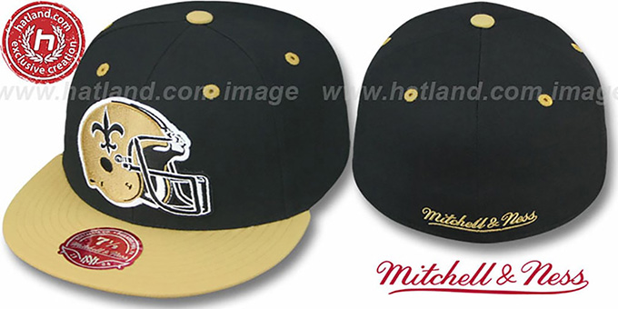 Saints '2T XL-HELMET' Black-Gold Fitted Hat by Mitchell and Ness