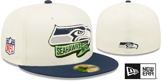 Seahawks '2022 NFL SIDELINE' Cream-Navy Fitted Hat by New Era