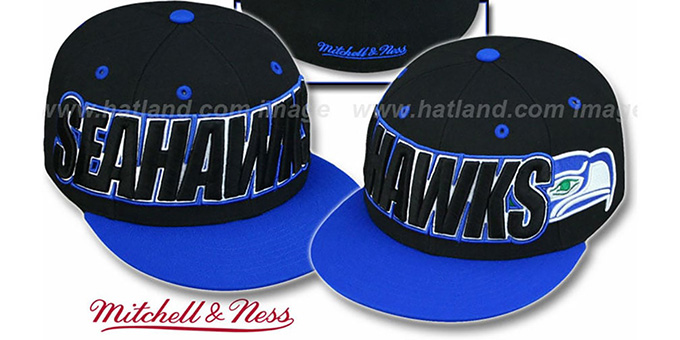 Seahawks '2T WORDMARK' Black-Royal Fitted Hat by Mitchell and Ness