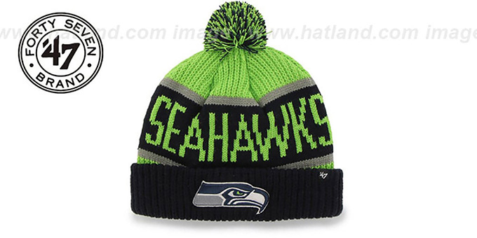 Seahawks 'THE-CALGARY' Navy-Lime Knit Beanie Hat by Twins 47 Brand