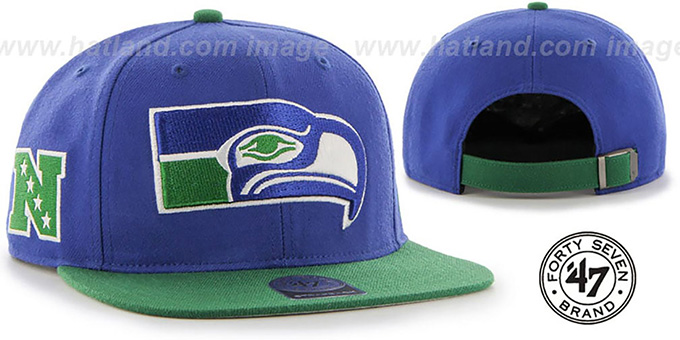 Seahawks 'THROWBACK SUPER-SHOT STRAPBACK' Royal-Green Hat by Twins 47 Brand