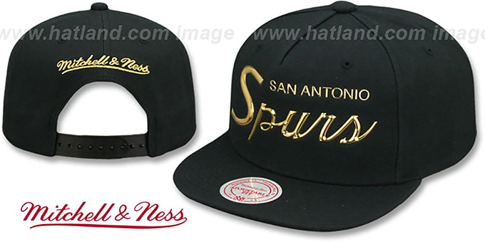 Spurs 'LIQUID METALLIC SCRIPT SNAPBACK' Black-Gold Hat by Mitchell and Ness