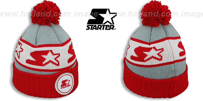 Starter 'S-STAR CLASSIC BOBBLE' Grey-Red Knit Beanie Hat