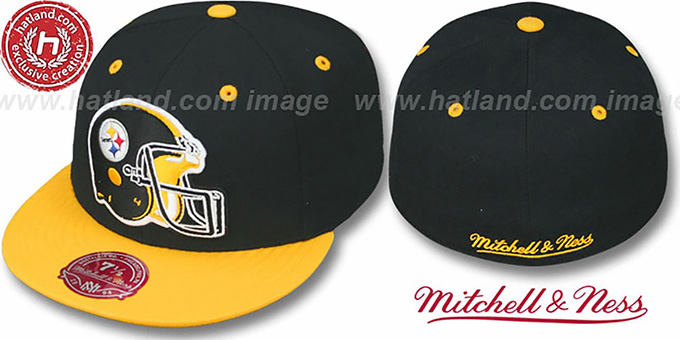 Steelers '2T XL-HELMET' Black-Gold Fitted Hat by Mitchell and Ness