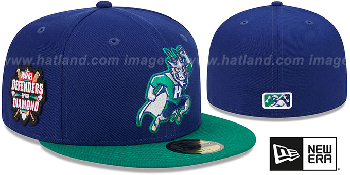 Yard Goats 'MILB MARVEL DEFENDERS SIDE-PATCH' Royal-Green Fitted Hat by New Era