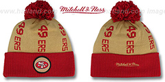 49ers VERTICAL WORD BEANIE Gold-Red by Mitchell and Ness