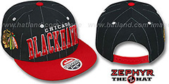 Blackhawks 2T PINSTRIPE SUPER-ARCH SNAPBACK Black-Red Hat by Zephyr