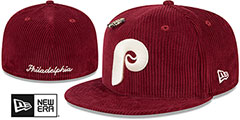 Phillies LETTERMAN PIN CORDUROY Burgundy Fitted Hat by New Era