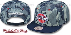 Pistons DENIM-CAMO SNAPBACK Blue Hat by Mitchell and Ness