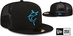 Marlins BATTING PRACTICE TRUCKER Black-Blue Fitted Hat by New Era - 2nd View