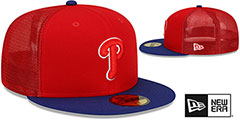 Phillies BATTING PRACTICE TRUCKER Red-Royal Fitted Hat by New Era - 2nd View