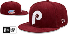 Phillies OLD SCHOOL CORDUROY SIDE-PATCH Burgundy Fitted Hat by New Era - 2nd View