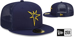 Rays BATTING PRACTICE TRUCKER Navy Fitted Hat by New Era - 2nd View