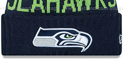 Seahawks 2015 STADIUM Navy-Lime Knit Beanie Hat by New Era - 2nd View