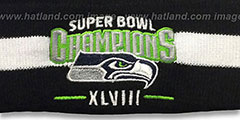 Seahawks SUPER BOWL XLVIII CHAMPS  Black-White Knit Beanie Hat by New Era - 2nd View