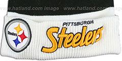 Steelers CUFF-SCRIPTER White-Black-Gold Knit Beanie Hat by New Era - 2nd View