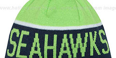 Seahawks 2015 STADIUM Navy-Lime Knit Beanie Hat by New Era - 3rd View